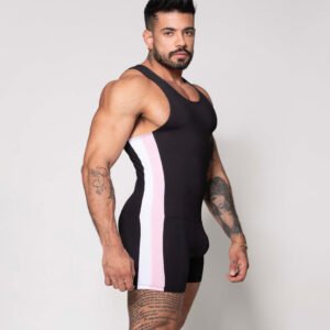 SINGLETS TIPO LUCHA NEGRO FRANJA ROSA